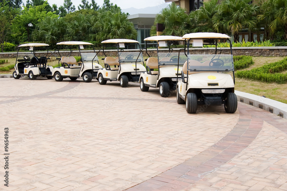 A row of empty golf carts waiting for golfers at a country club
