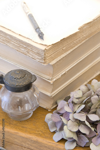 Vintage background with old books and wood box