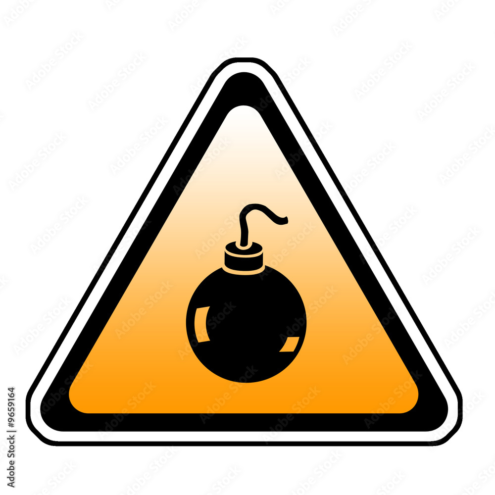 Bomb Warning Sign, Orange Triangle Symbol, White Background Bomb Warning Sign, Orange Triangle Symbol, White Background