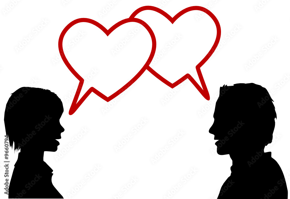 silhouette couple talk love in heart speech bubbles