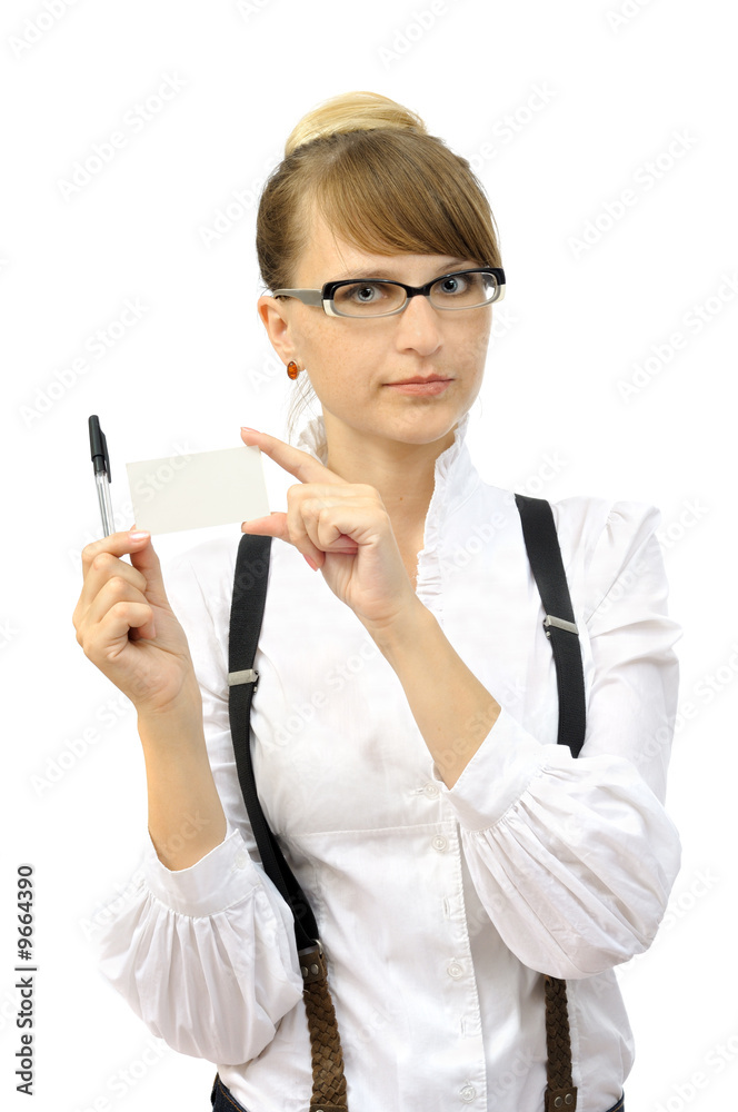 Young businesswoman with visit card, isolated on white Young businesswoman with visit card, isolated on white