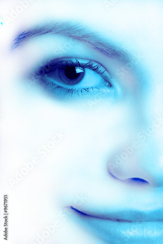 Close up of female person in blue tonality