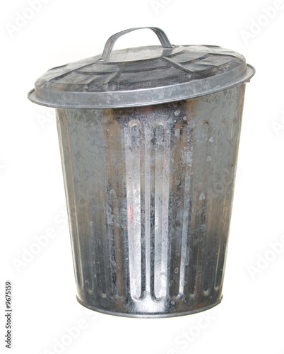 Trash Can, Lid Ajar Towards Front, Isolated Against White