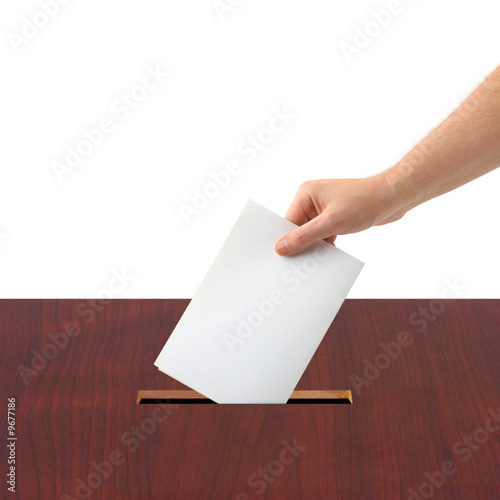 Hand with ballot and box isolated on white background