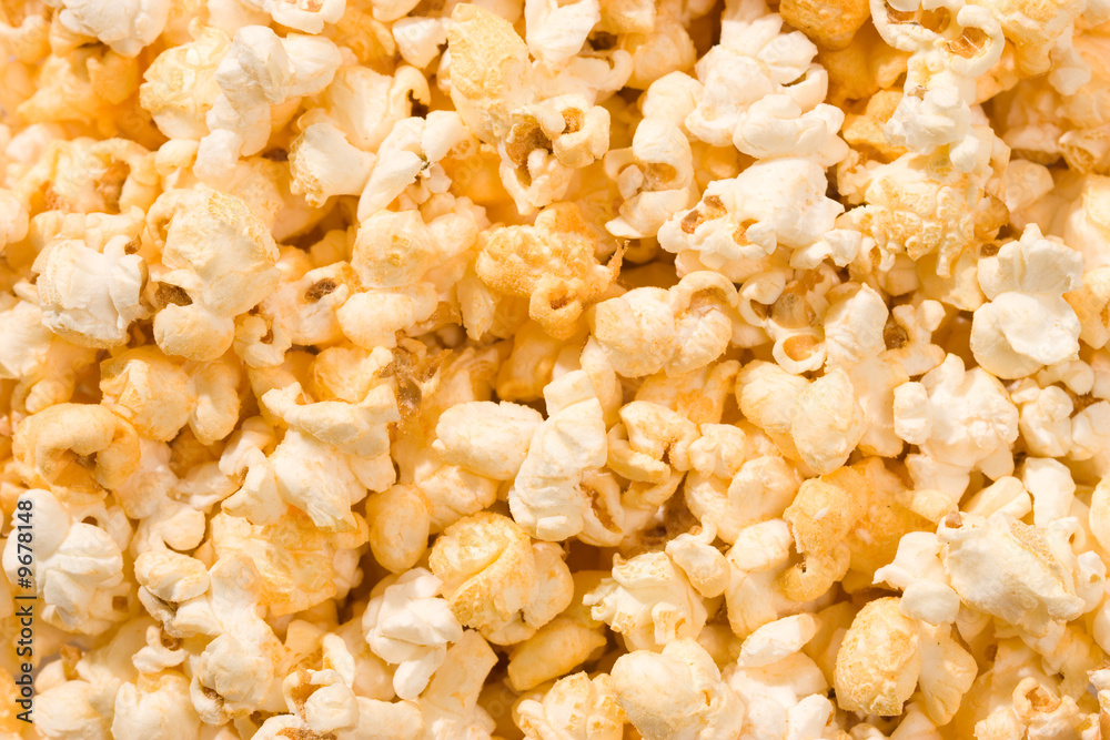 food serias: macro picture of popcorn, background