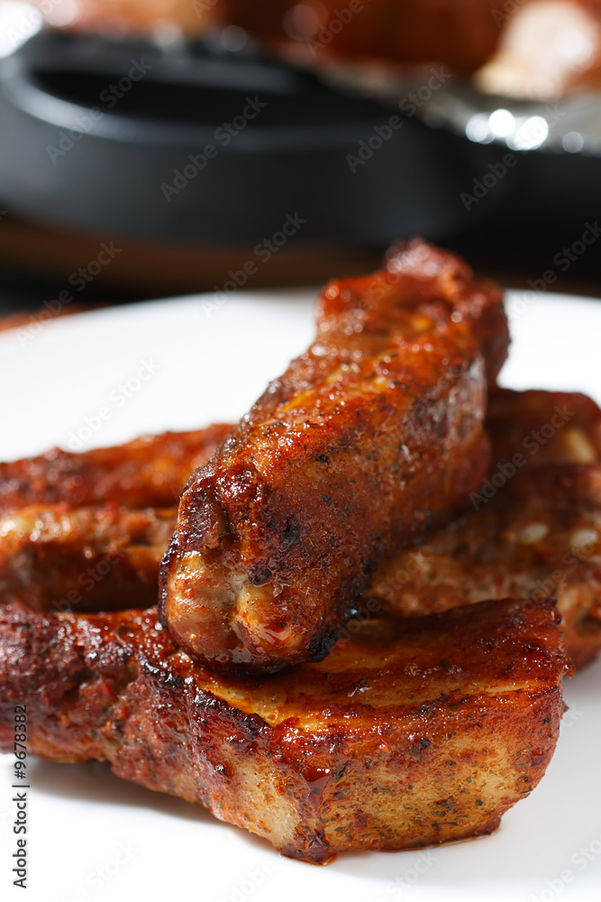 delicious spicy barbeque ribs, close-up, shallow DOF