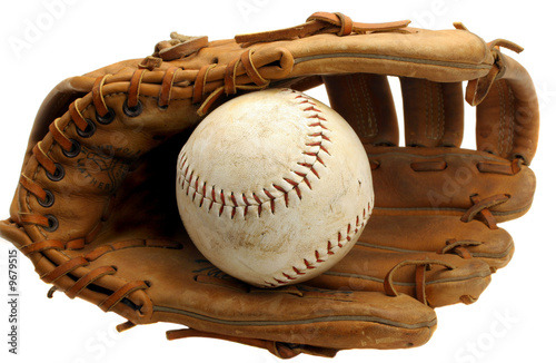 Old Baseball Mitt and Ball Isolated on White with Copy Space