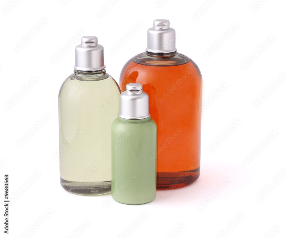 Three bottles of hygiene product on white background