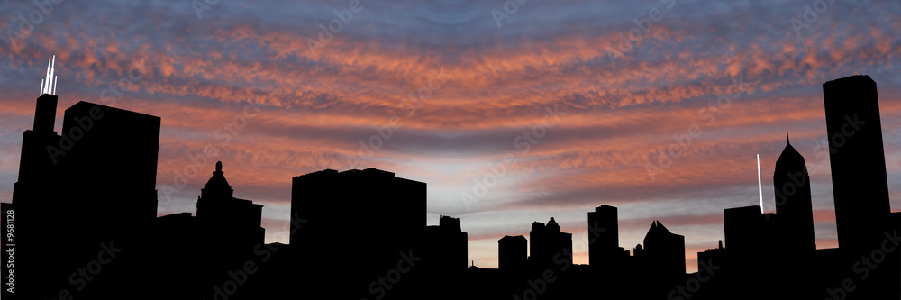 Chicago skyline at sunset with beautiful sky illustration