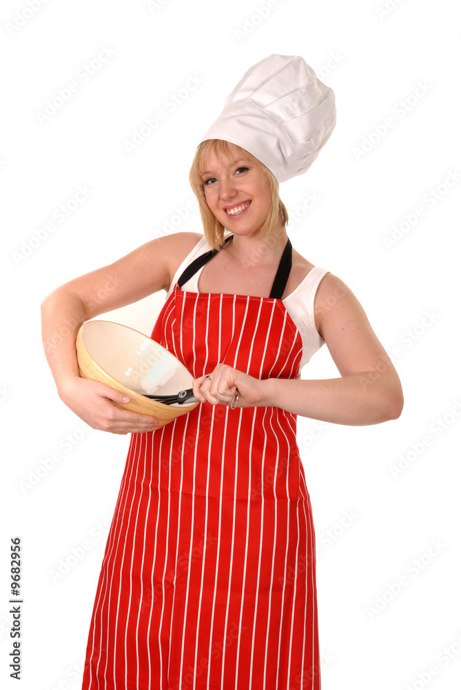 female chef in red apron & mixing bowl, isolated on white female chef in red apron & mixing bowl, isolated on white