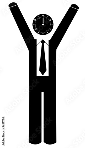 business man with arms up and clock for head