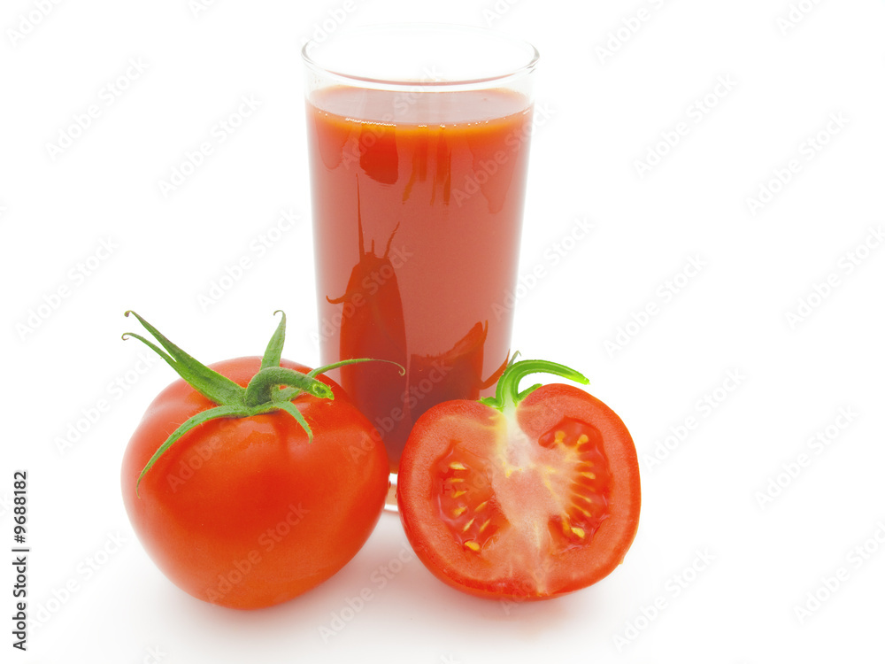 Tomatoes and juice on a white background Tomatoes and juice on a white background
