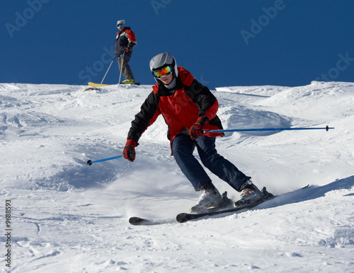 Картината върху платно father skier traning his son on snowy mountainside