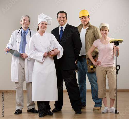 Doctor, chef, construction worker and housewife posing