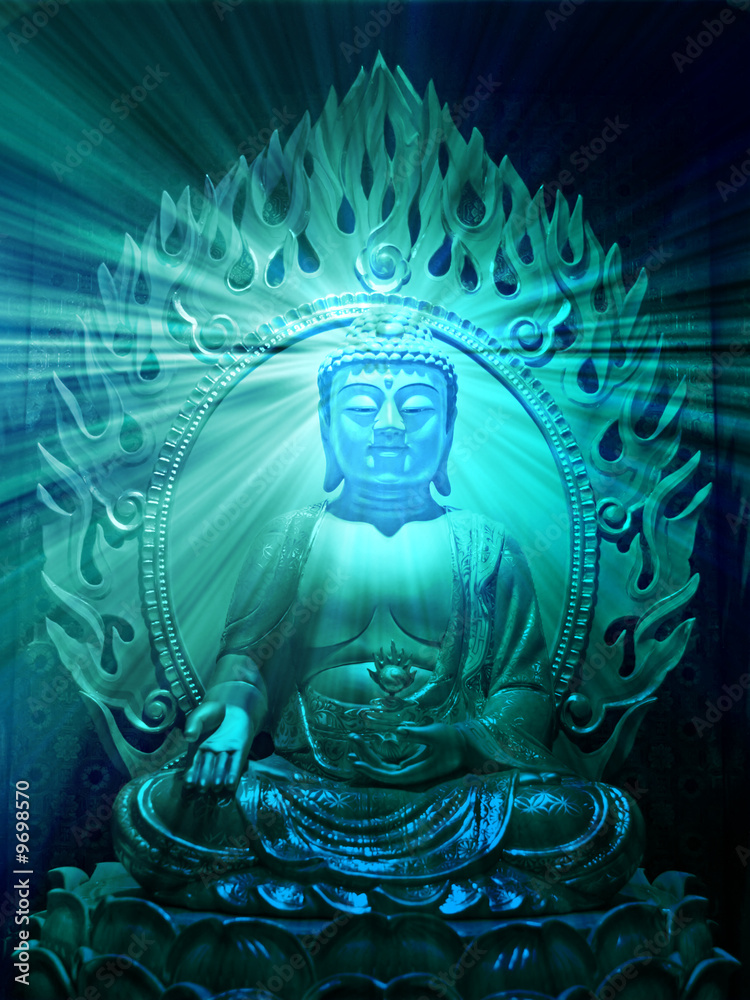 Buddha religious illustration with glowing light halo