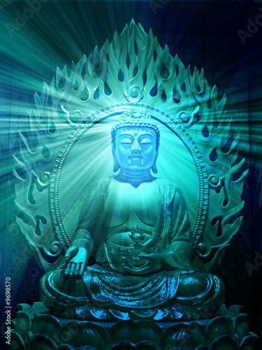 Buddha religious illustration with glowing light halo