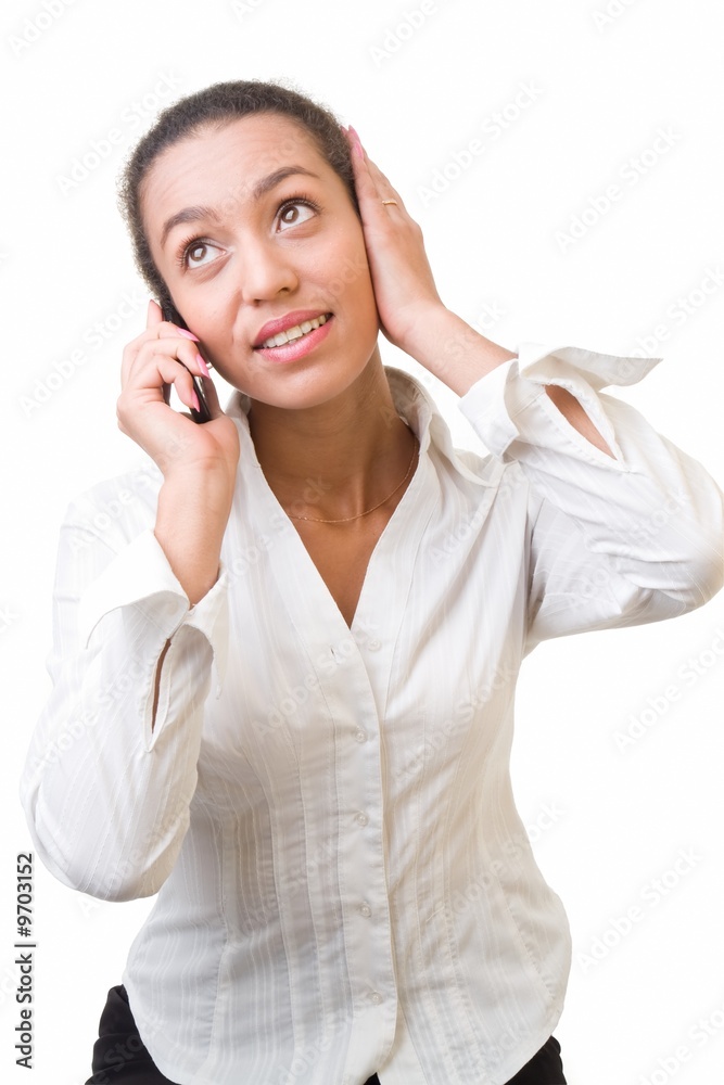 smiling woman with mobile phone on a white background smiling woman with mobile phone on a white background