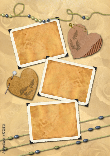 Photo frameworks in a retro style. Old paper, hearts, beads.