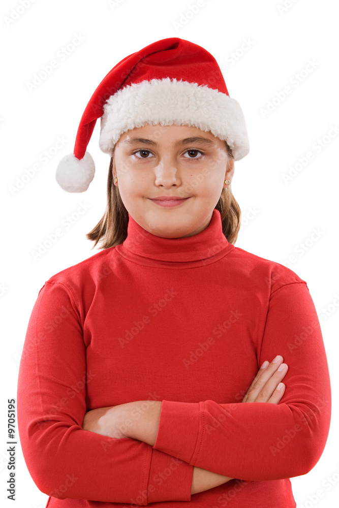 Beautiful girl with hat of Santa Claus a over white background