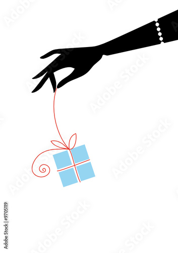 female hand holding blue gift box