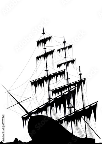 Black old ship at the sea ground