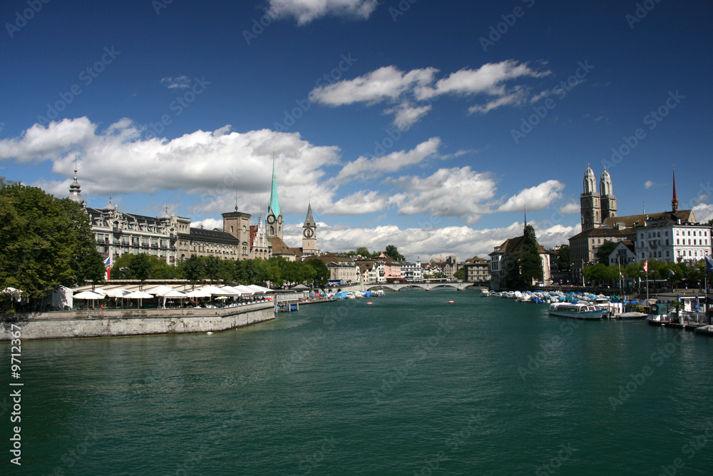 Zurich cityscape seen from Quaibruecke (Quai Bridge)
