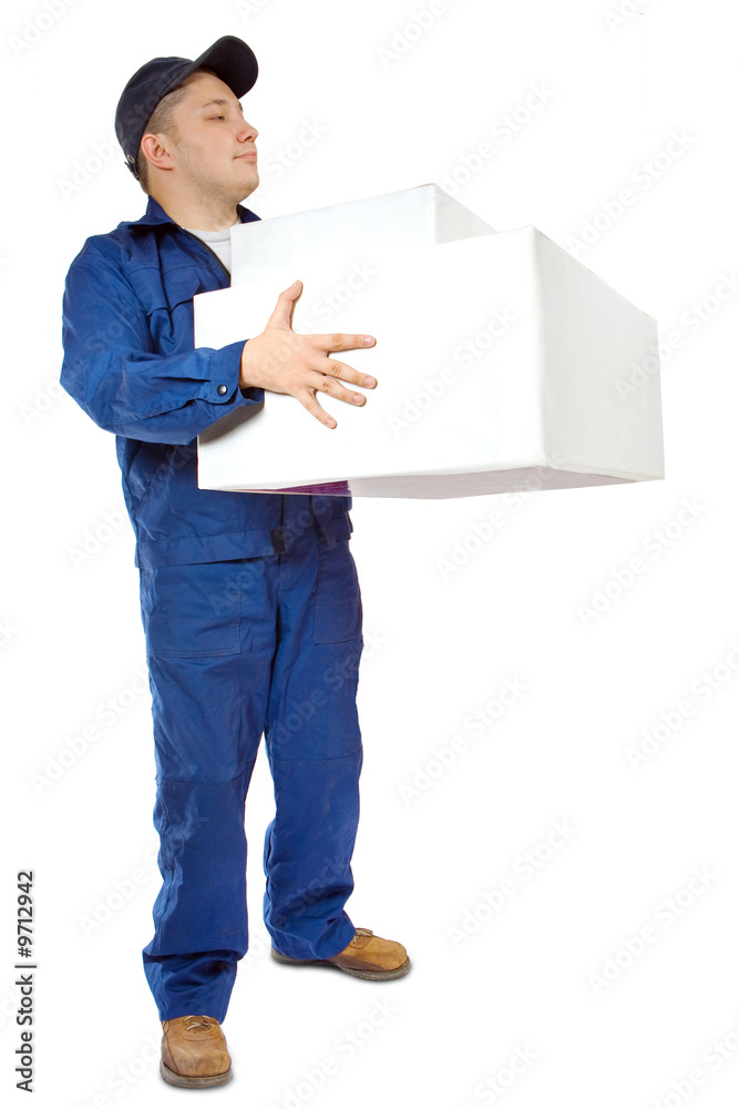 Portrait of smiling carrier with the boxes. Isolated on white.