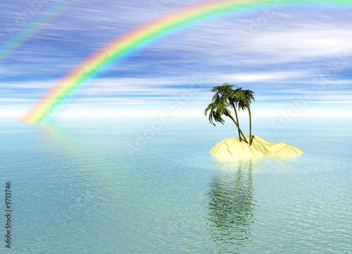 Romantic Desert Island with Palm Tree and Rainbow