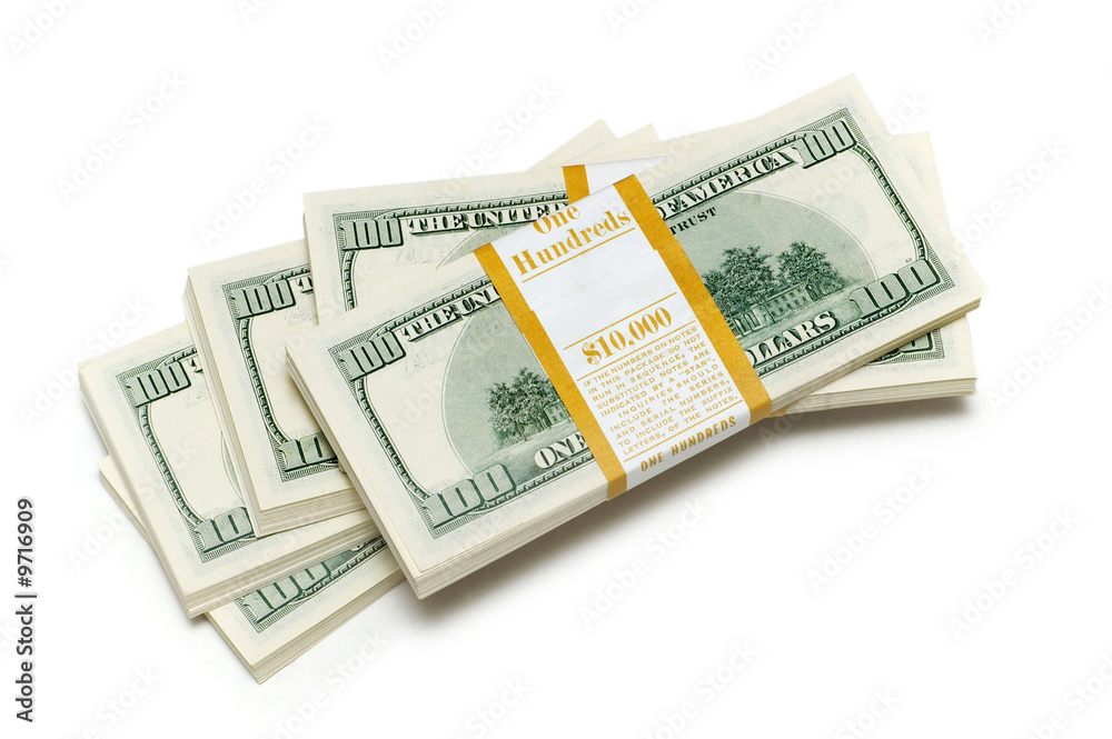 Ten thousand dollar stacks on the white Ten thousand dollar stacks on the white