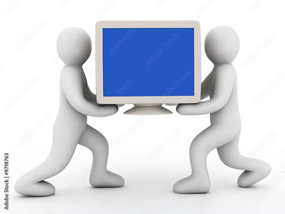 monitor and two persons on white background monitor and two persons on white background