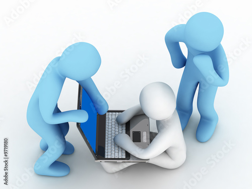 notebook and group of the people on white background