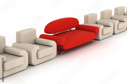 Row armchairs and red sofa ...