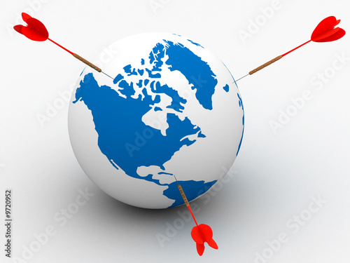 Globe and darts. 3D image. ...
