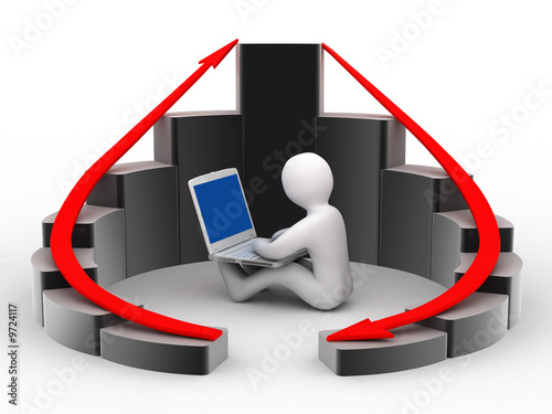 graph, person and notebook on white background