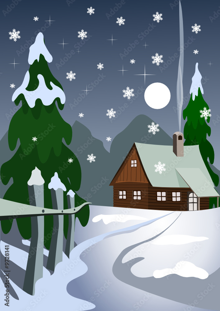 Illustration of house in snow forest