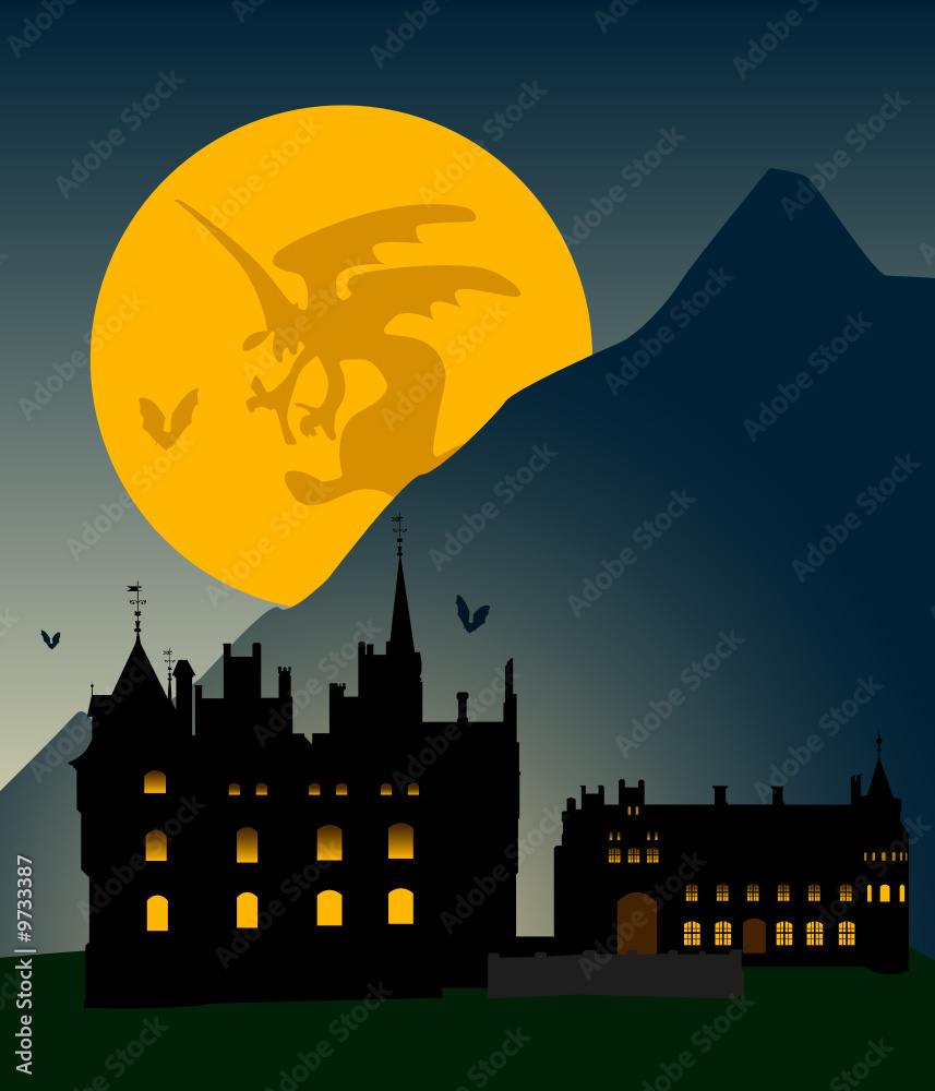 Castle silhouette in mountains against the full moon
