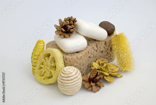 Soaps on bath sponge and other spa products