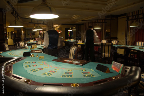 modern and beautiful casino interior, poker playing tables