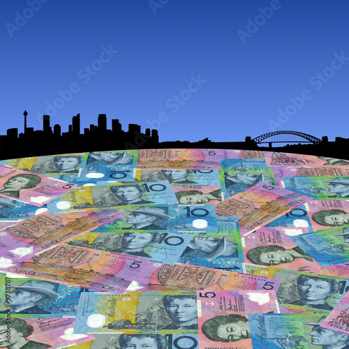 Sydney skyline with Australian dollars foreground illustration