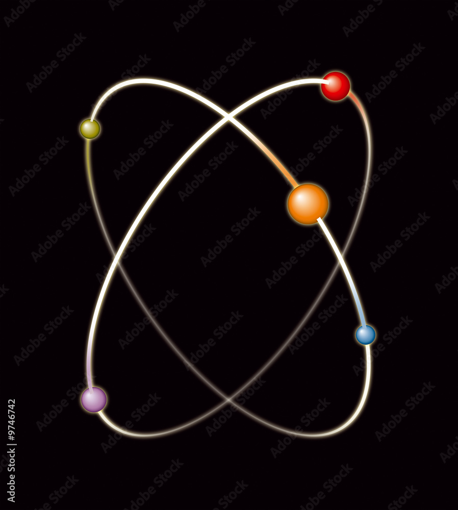 Ciolored illustration of atoms with mooving trajectory. Ciolored illustration of atoms with mooving trajectory.