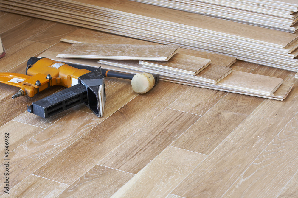 a picture of wood flooring and tools - obrazy, fototapety, plakaty 