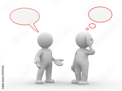 two 3d humans with empty chat and idea bubbles