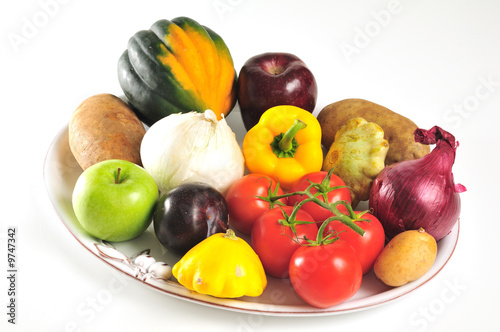 White porcelain platter full of autumn fruits and vegetables