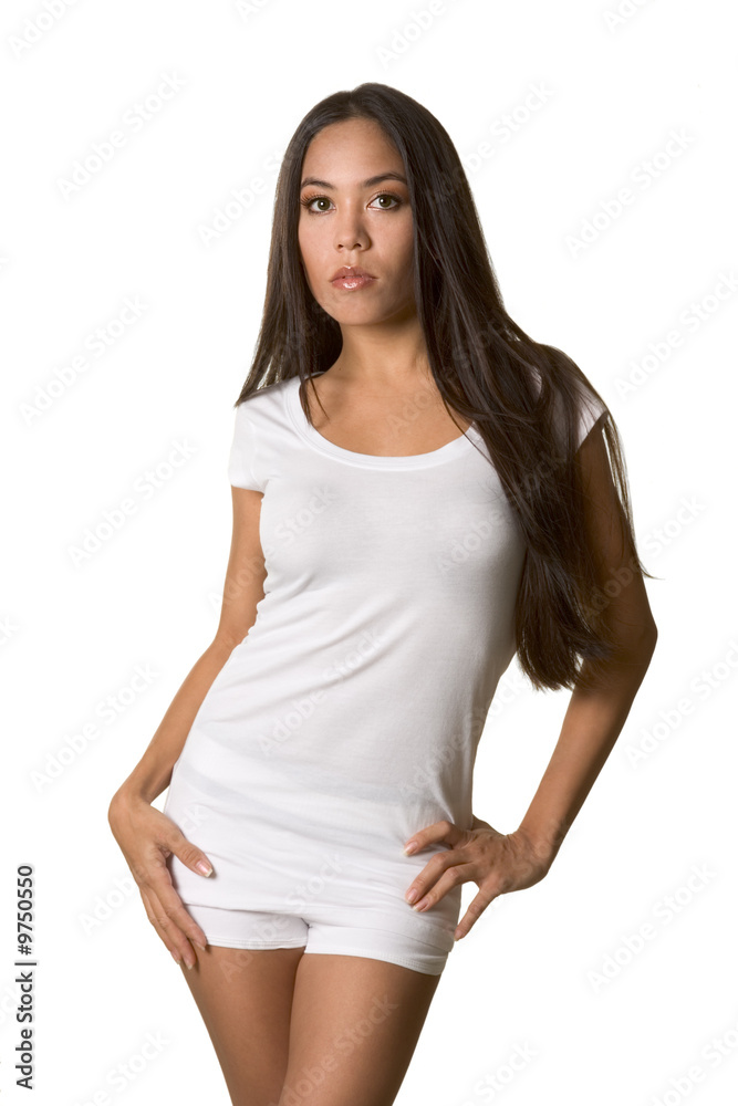 Young ethnic woman in white t-shirt and shorts Young ethnic woman in white t-shirt and shorts