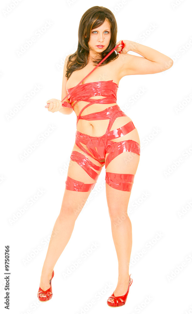 te skammel Bestil sexy girl wrapped in red tape posing on white background Stock Photo |  Adobe Stock
