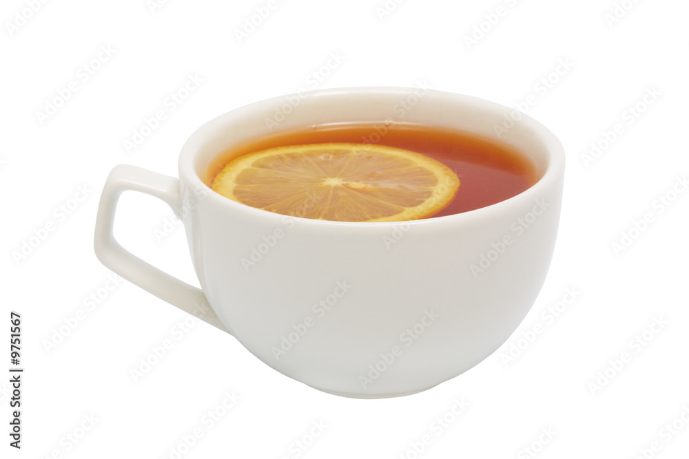 Cup with tea and a lemon on a white background Cup with tea and a lemon on a white background
