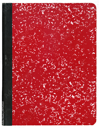 Red composition notebook isolated on white.