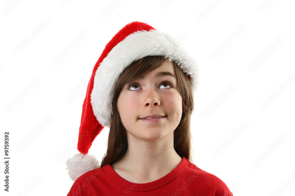 Christmas time - girl with Santa's looking up Christmas time - girl with Santa's looking up
