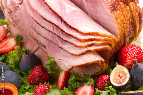 Closeup of delicious whole baked sliced ham