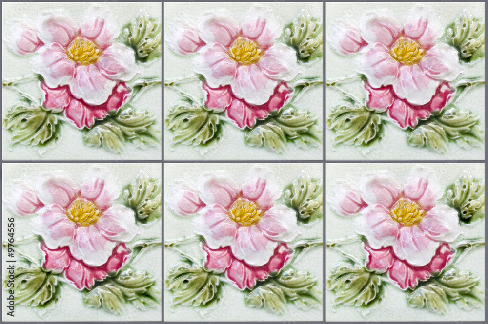 Rows of antique Nyonya Tiles with pink flowers
